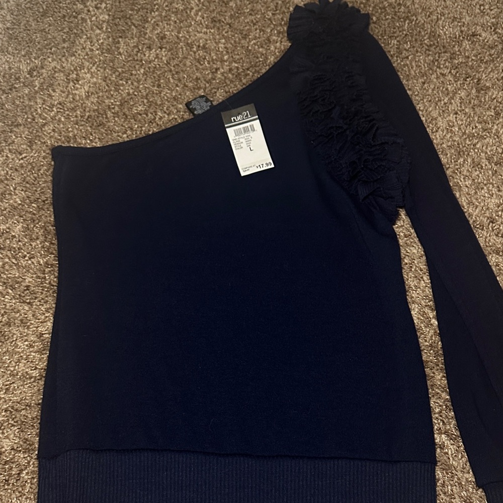 One-Shoulder Navy Women's Top with Ruffle Sleeve